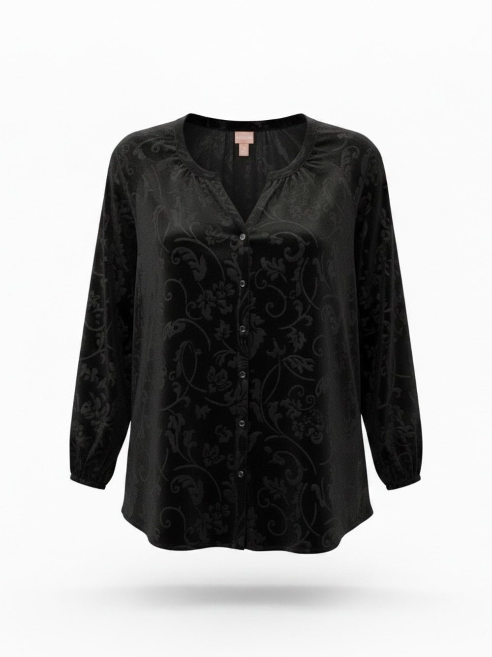 Chico's Black Velvet Burnout Button-Down Shirt with Floral Scrolls